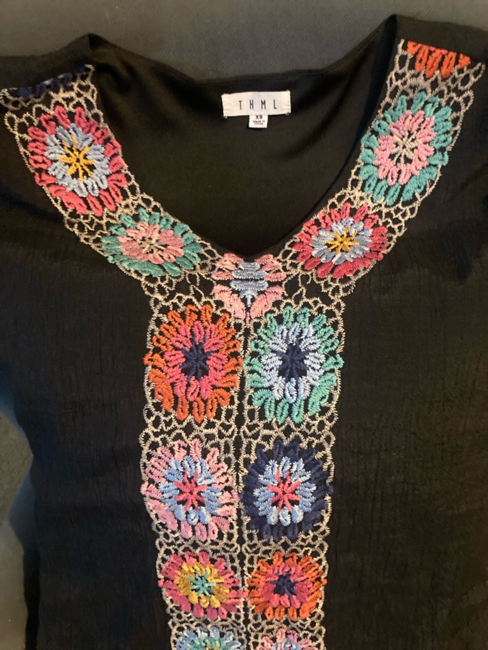 THML Black Mini Dress with Multicolor Crochet Floral Panels - Picture 3 of 8
